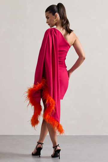 Lyrika Dark Pink Asymmetric Cape Sleeve Mini Dress With Feathers